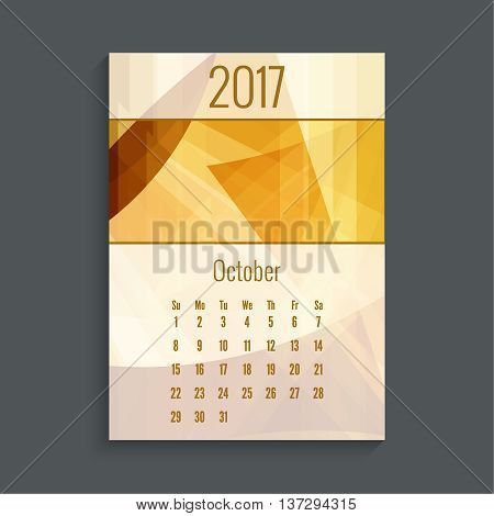Monthly calendar for 2017. Planner. Template grid. Color orange.  Week Starts Sunday. Months October