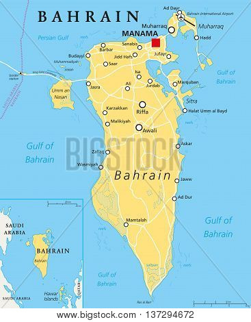 Bahrain political map with capital Manama. Island country, archipelago and kingdom near western shores of Persian Gulf in the Middle East. English labeling. Illustration.