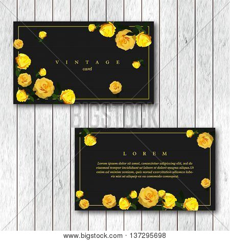 Set of vintage horizontal business cards template with flowering garden roses. Yellow color roses on a black background. Vector illustration.