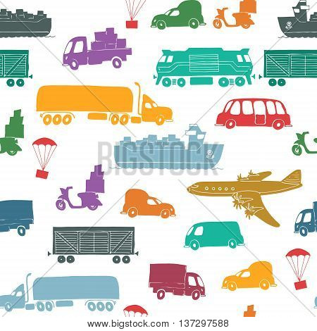 Seamless pattern with types of transport delivery delivery ways and logistics in business and industry with scooter bus trucks airplane railway seaway cargo ship and other.