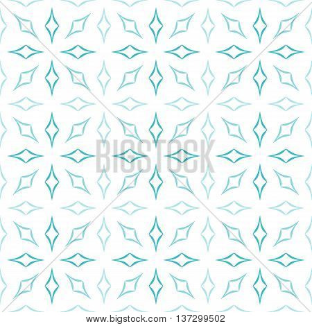 Abstract geometric pattern of light blue curved diamonds set in sunburst-like shapes on white background. Seamless repeat.