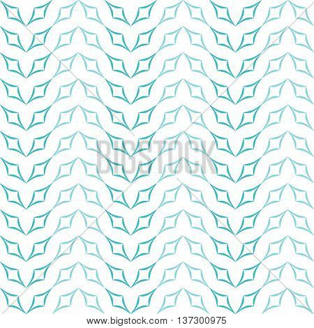 Abstract geometric pattern of light blue curved diamonds set in horizontal zigzag stripes on white background. Seamless repeat.