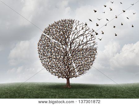 Economic business market shift or global investing concept as a tree with birds perched on branches shaped as a financial diagram of a pie chart with a portion flying away with 3D illustration elements.