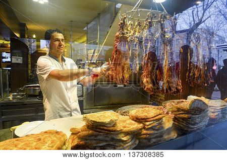 Istanbul Turkey - January 26 2014: Istanbul a famous boulevard with Women Market Buryan kebab in Zeyrek district. Buryan Puryan or Biryan also called Turkey's made in many parts of Bitlis Siirt and a meat dish. Perive also called in Arabic. Kebab is a der