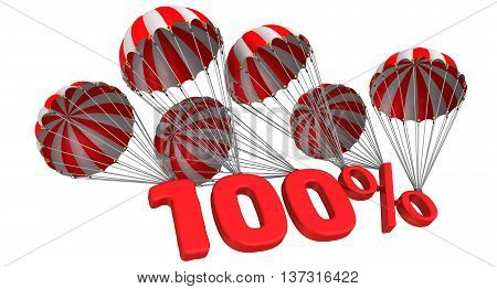 One hundred percent is falling down on parachutes. Isolated. 3D Illustration