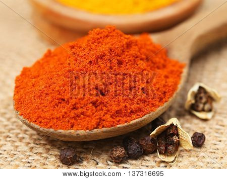 Ground chili in a wooden spoon with cardamom and black peppers on textured surface