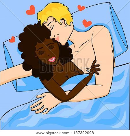Happy couple in bed. Vector illustration. African american woman.
