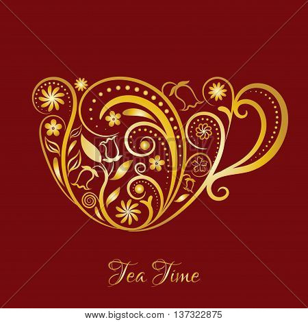 Vector Gold Cup of Tea over Dark Red. Cup with floral design elements. Zen art cup of tea style. Menu for restaurant, cafe, bar, tea-house. Vector illustration