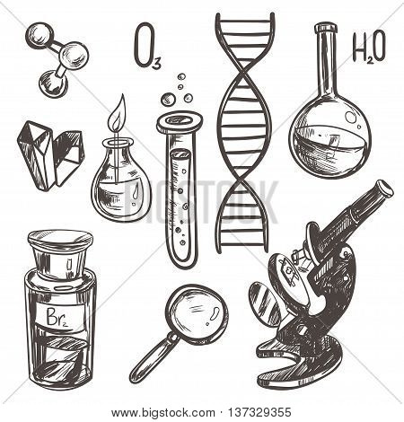 Hand drawn science beautiful vintage lab icons sketch set . Vector illustration. Science lab objects doodle style sketch. Back to school.