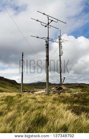 Above Bleneau Ffestiniog on the Rhiwbhach Tramway antennas are all that remains of a television repeater station. Gwynedd Wales United kingdom.