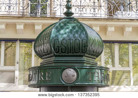 Upper part of morris or advertising column in Paris France