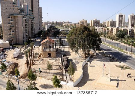 BEER SHEVA ISRAEL - JANUARY 26 2013: Reconstruction of the old Turkish railway station Ataturk Square in Beer Sheva top view
