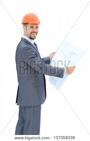 Confident architect in formalwear smiling isolated on white baskground