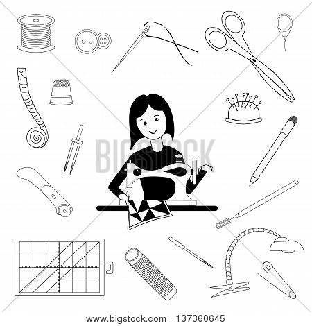 Flat black-and-white vector illustration of a sewing machine girl. Tools for for tailoring