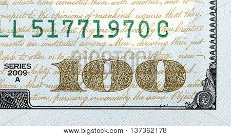 Photographed Close-up Of American Paper Money Worth One Hundred Dollars, The New American Bil