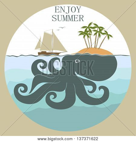 Octopus island, enloy summer - Sea life poster. Nautical marine elements. Vector