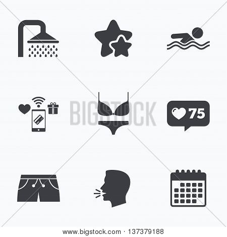 Swimming pool icons. Shower water drops and swimwear symbols. Human swims in sea waves sign. Trunks and women underwear. Flat talking head, calendar icons. Stars, like counter icons. Vector