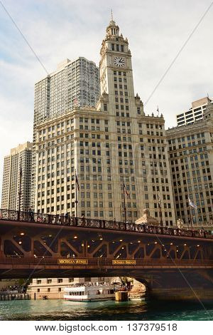 CHICAGO, ILLINOIS - AUGUST 22, 2015: Michigan Avenues, DuSable Bridge with The Wrigley Building in the background.