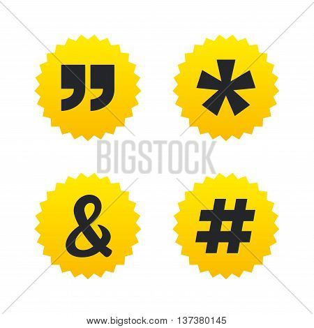 Quote, asterisk footnote icons. Hashtag social media and ampersand symbols. Programming logical operator AND sign. Yellow stars labels with flat icons. Vector