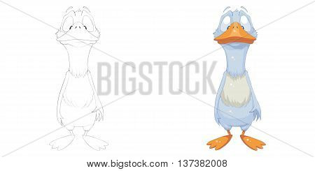Silly Duck. Coloring Book, Outline Sketch, Animal Mascot, Game Character Design isolated on White Background