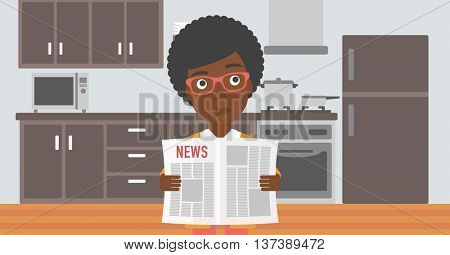 An african-american woman reading the newspaper on the background of kitchen vector flat design illustration. Horizontal layout.