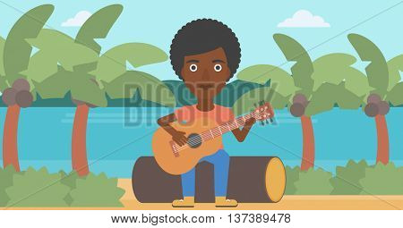 An african-american woman sitting on a log and playing a guitar on the background of tropical beach with palm trees and the sea vector flat design illustration. Horizontal layout.