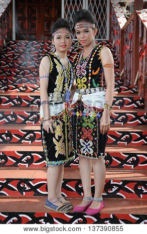 Sipitang Sabah Malaysia - Aug 30 2014:Murut lady in traditional costume decorated with colorful beads during folklore festival in Sipitang Sabah.Murut is among the largest ethnic group in Sabah interior.