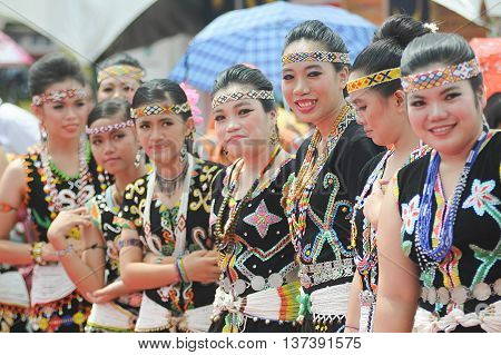 Sipitang Sabah Malaysia - Aug 30 2014:Murut lady in traditional costume decorated with colorful beads during folklore festival in Sipitang Sabah.Murut is among the largest ethnic group in Sabah interior.