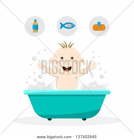 Baby bathing in a small bath with bath foam and soap bubbles. A joyful baby takes a bath body hygiene of the infant. Game baby in the bath water.
