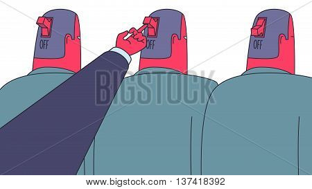Male hand switching on power switchers in men's heads. Motivation concept illustration.
