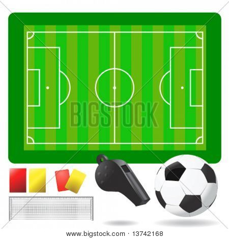 vettore campo, palla e oggetti calcio