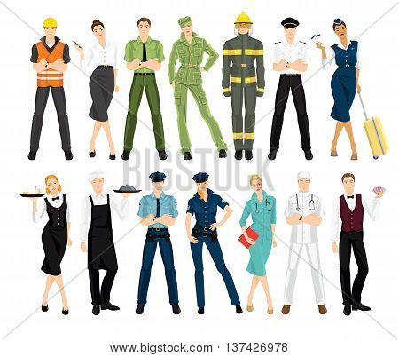 Set of professional people in uniform isolated on white background.