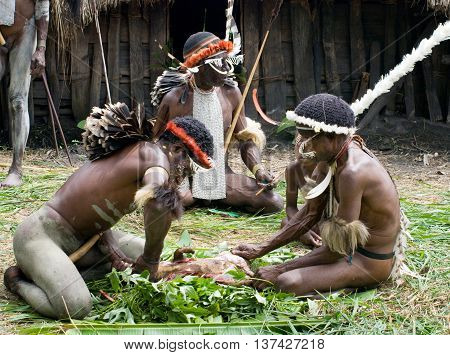 Warriors Of A Papuan Tribe In Traditional Clothes And Coloring