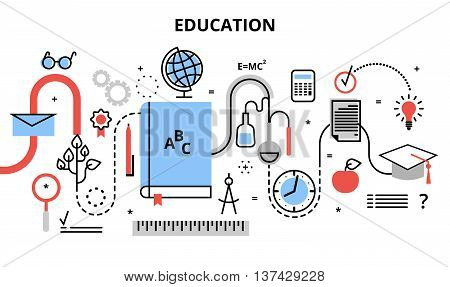 Modern flat thin line design vector illustration, concept of education process, learning in educational institution and items of study equipment, for graphic and web design