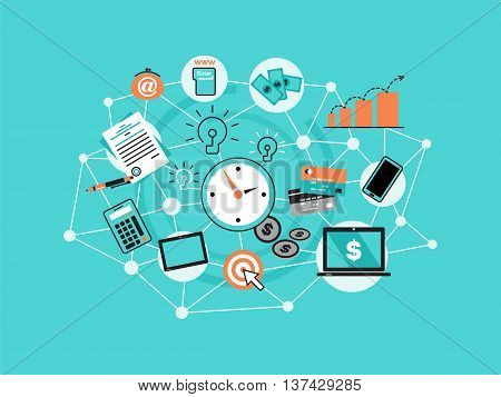 Modern flat thin line design vector illustration, infographic concept with icons of online business, internet marketing idea, office and finance objects on modern background for graphic and web design