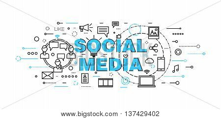 Modern flat thin line design vector illustration, concept of social media, social networking, web communtity and posting news for graphic and web design