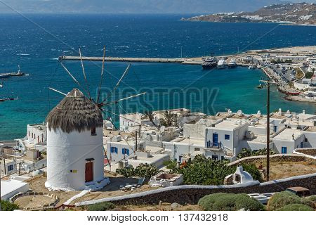 Panoramic view of Aegean sea and island of Mykonos, Cyclades, Greece