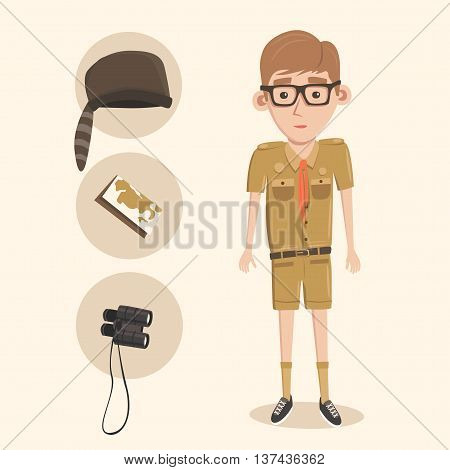 Cartoon little boy scout. Hat, binoculars and map. Young scout