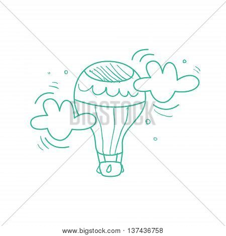 Hot Air Balloon Mid-air Hand Drawn Childish Illustration In Funny Comic Style On White Background