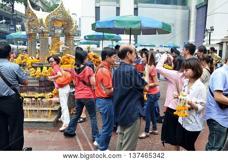BANGKOK THAILAND-20 JUNE 2016: Erawan Shrine Hindu shrine cityscape view of Ratchaprasong area in Bangkok. It is the main shopping and business street.