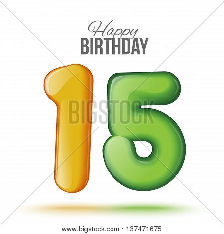 Sample greeting card to the 15 th anniversary. Air 3D red numbers from the figures. Invitation card to the party with balloons on a white background. Suitable for printing, web delivery, the jubilee