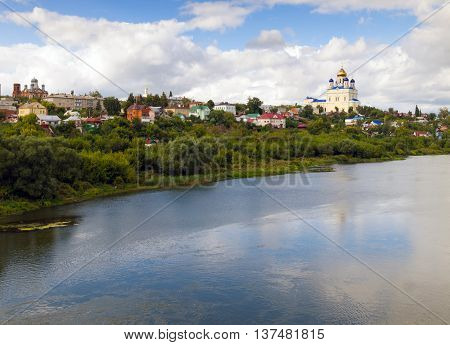 Riverfront Bystraya Sosna and the Ascension (Voznesensky) Cathedral. Yelets Lipetsk region Russia.