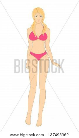 Young woman with an attractive figure in a pink bikini. Glamorous blonde on the beach. The girl in the solarium. Isolated vector illustration on white background.