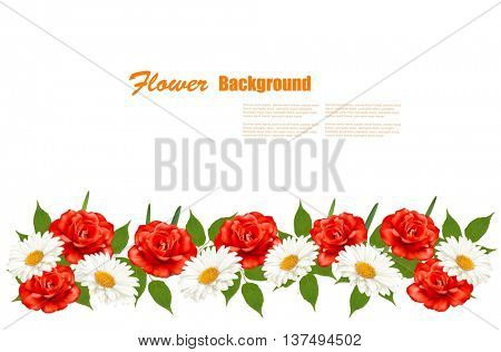 Flower Background With White Daisy and Red Roses. Vector illustration 