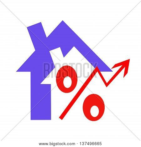 The red badge of interest on the background of houses .  The concept of price reduction real estate
