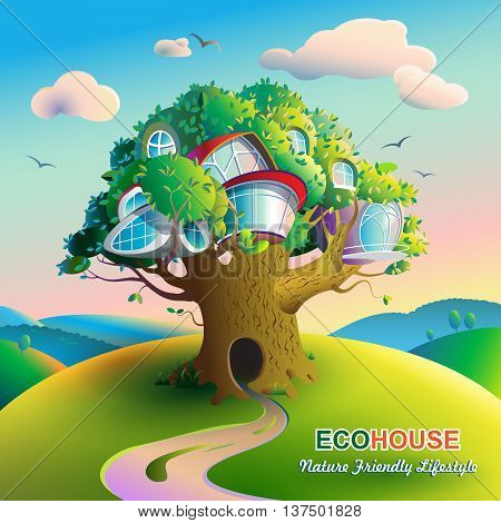 Vector illustration on the theme of ecological housing. Colorful bright landscape with a large tree on which there are futuristic houses. Caption: Nature Friendly Lifestyle