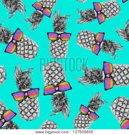 Summer Pineapple With Sunglasses Color Background