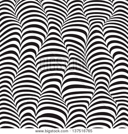 Vector illustration of wave striped textured monochrome background in 3d fashion style. Geometric modern template with bkack and white curve move zebra line for abstract pattern.