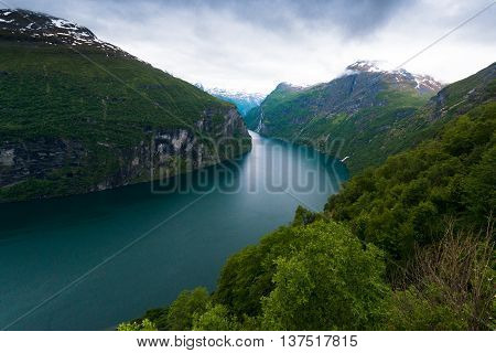 Geiranger fjord, Beautiful Nature Norway. It is a 15-kilometre (9.3 mi) long branch off of the Sunnylvsfjorden, which is a branch off of the Storfjorden (Great Fjord).