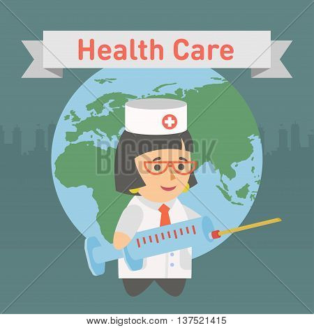Vector clipart female doctor gives the world a vaccine